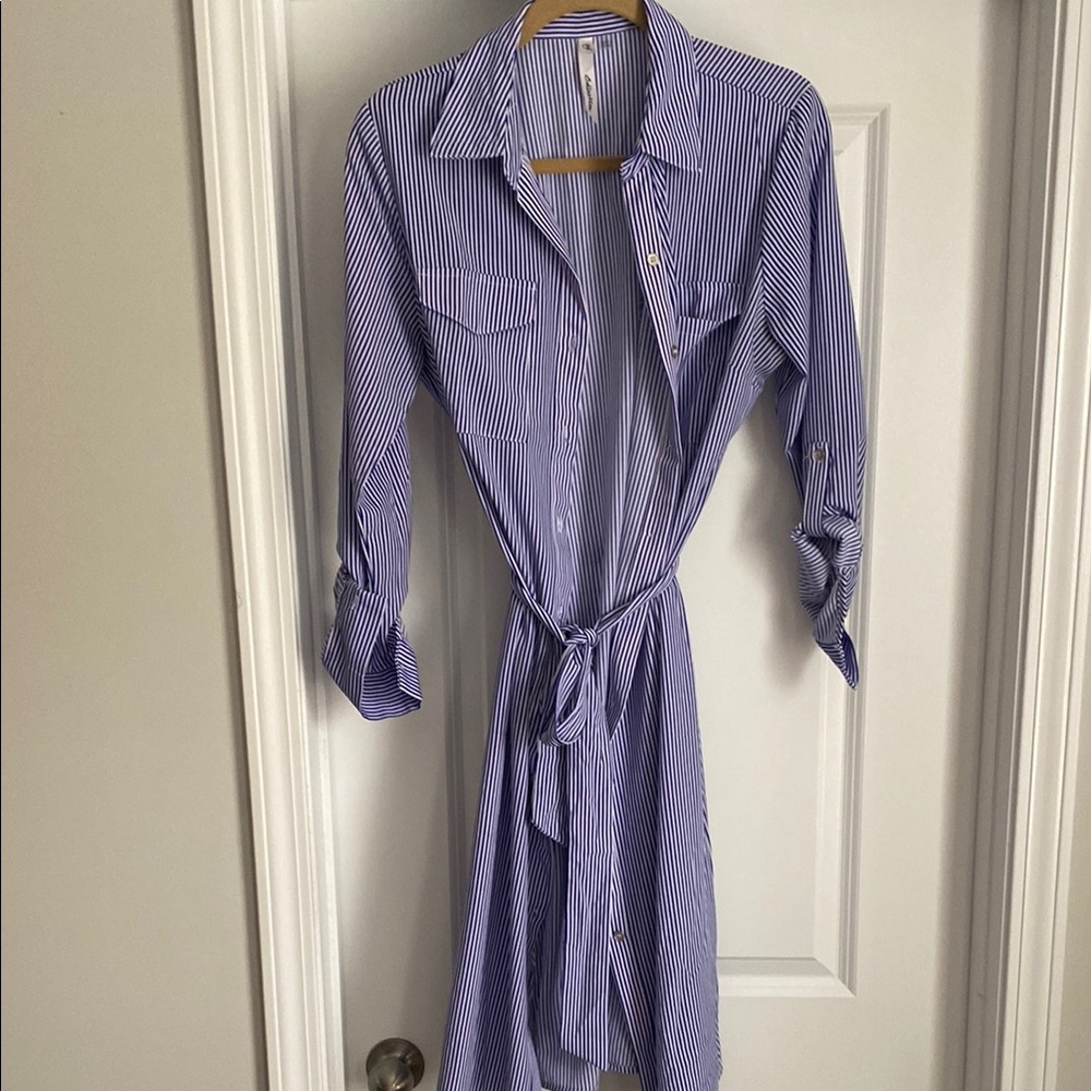 Blue Striped Shirt Dress; Large